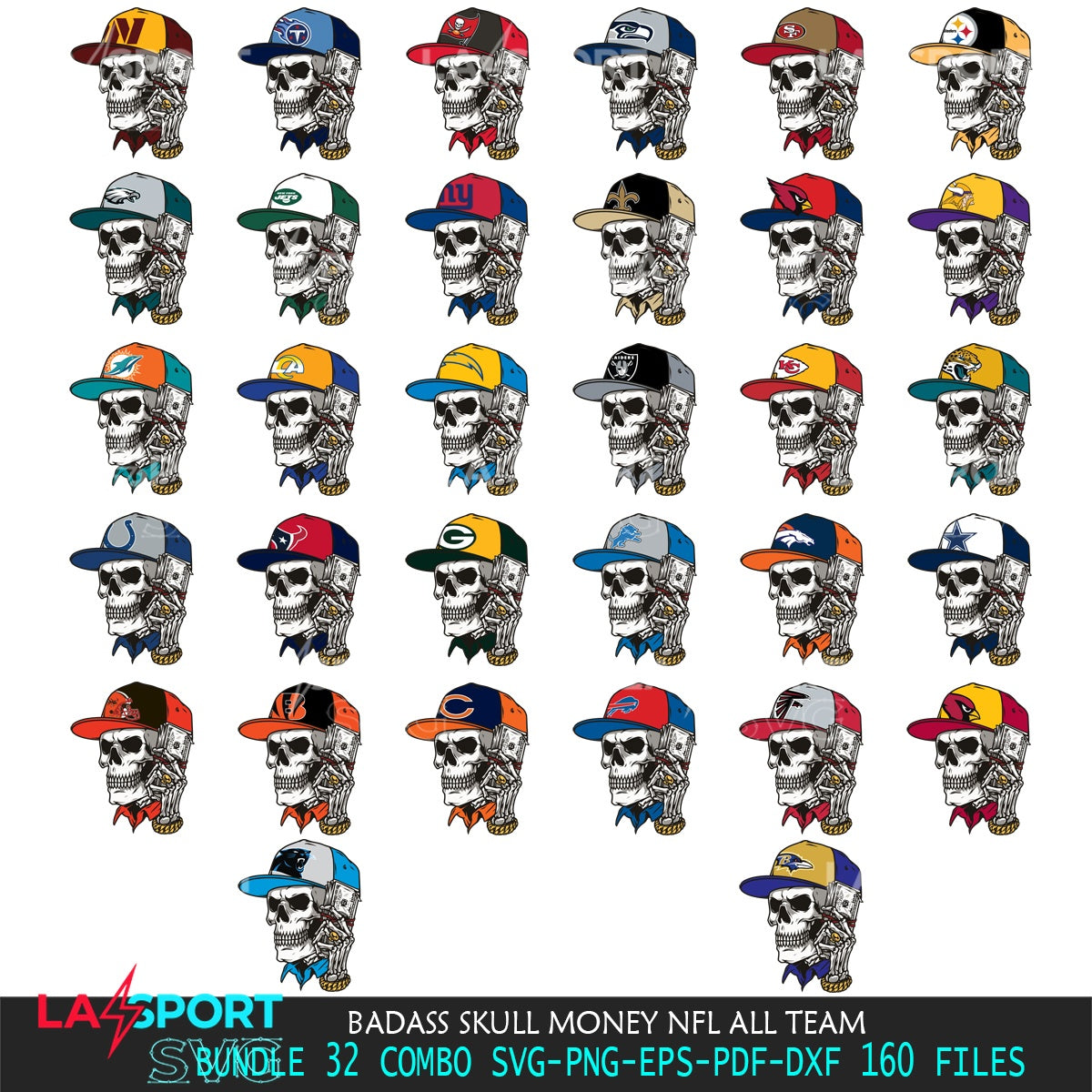 Modern graphic depicting a badass skull with money and NFL team elements, vector illustration for POD merchandise and apparel.