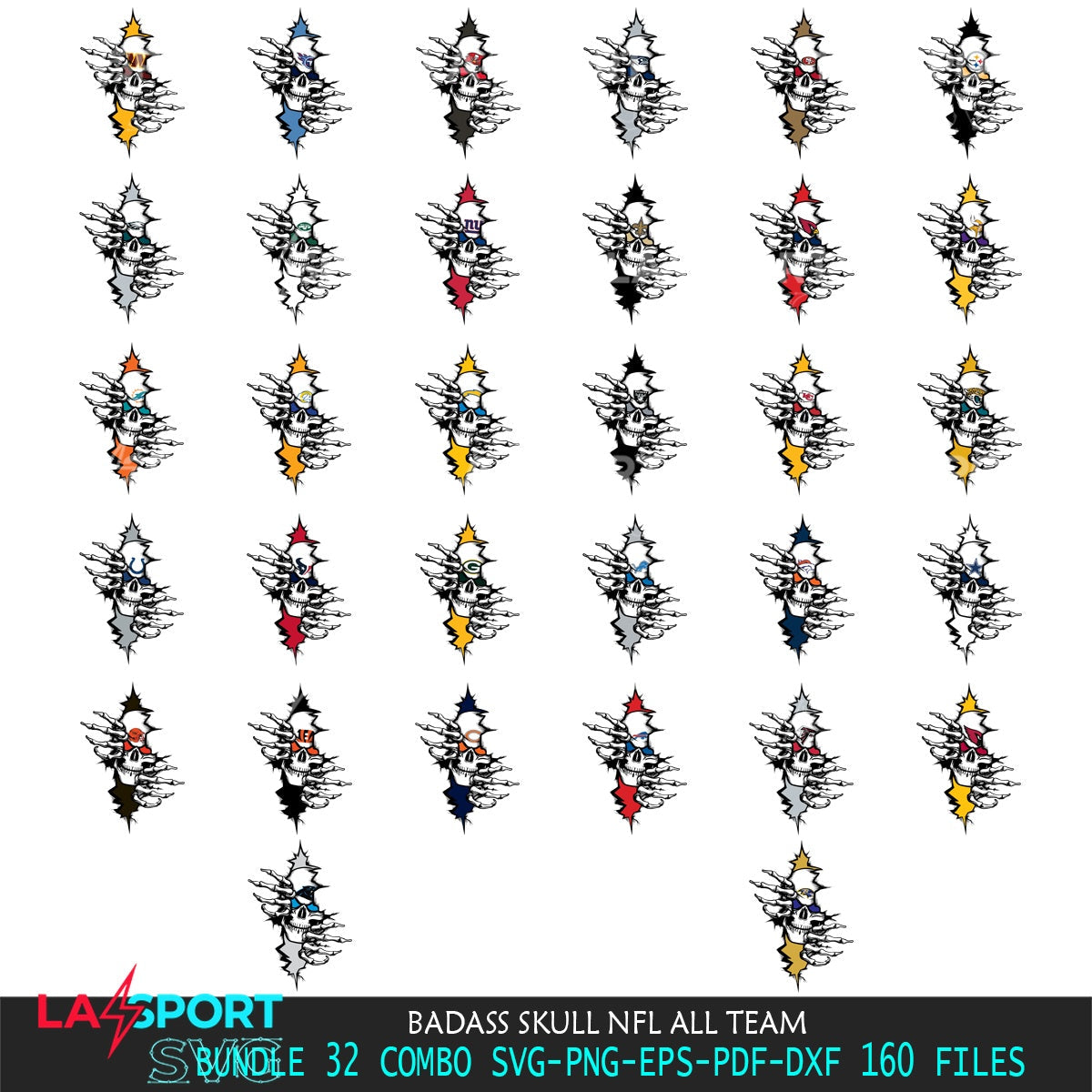 Modern graphic depicting a badass skull with NFL team elements, SVG cut file for personalized gifts and laser projects.