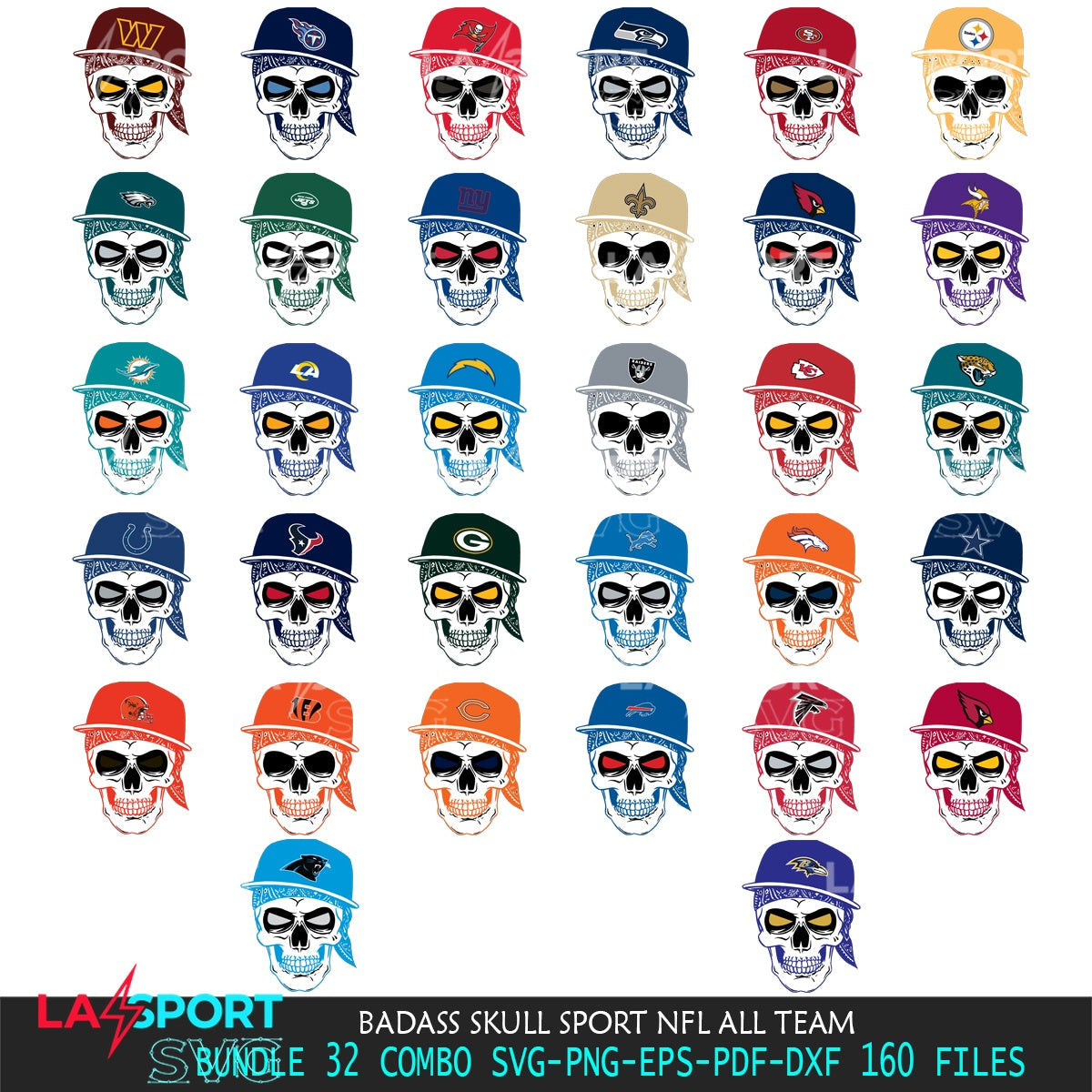 Hand-drawn style art of a badass skull sport NFL all team SVG PNG design suitable for Glowforge and laser cutting