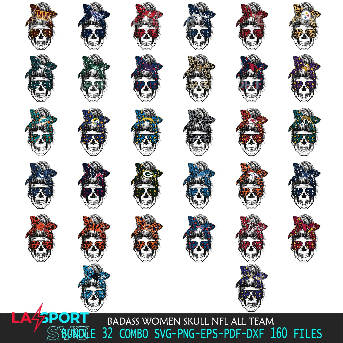 Modern graphic depicting a badass women skull NFL all team design, digital file for silhouette cameo and cricut projects.