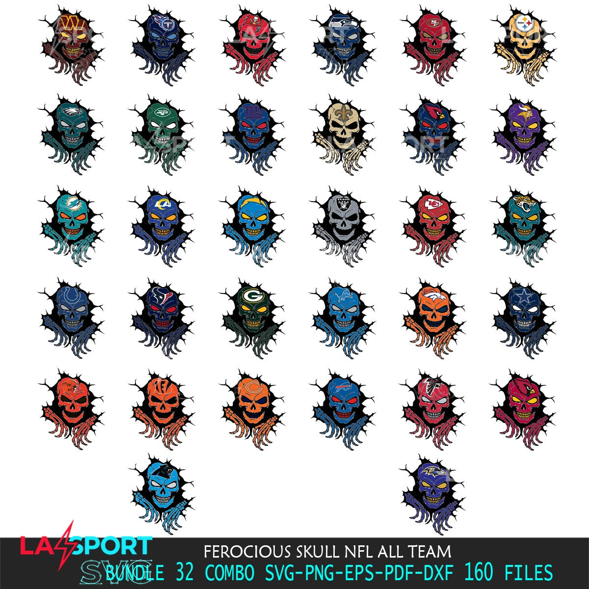 Digital clipart of a ferocious Skull NFL ALL TEAM cut file ideal for vinyl projects and T-shirt printing