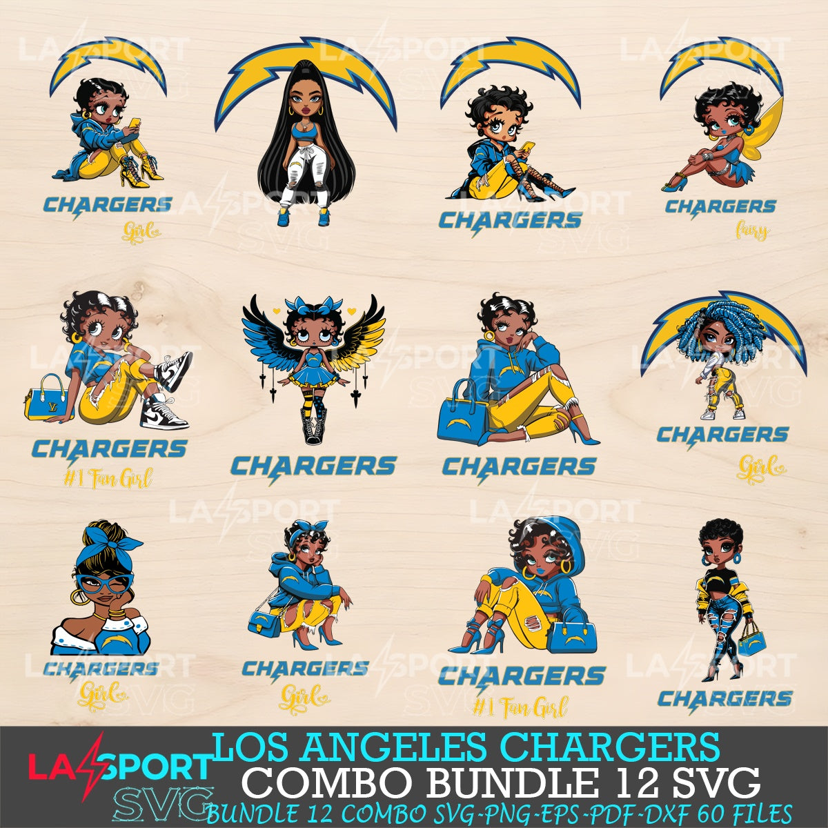 Los Angeles Chargers Bundle Beautiful Black Girl NFL Fans SVG For Cricut, silhouette, Laser Cut