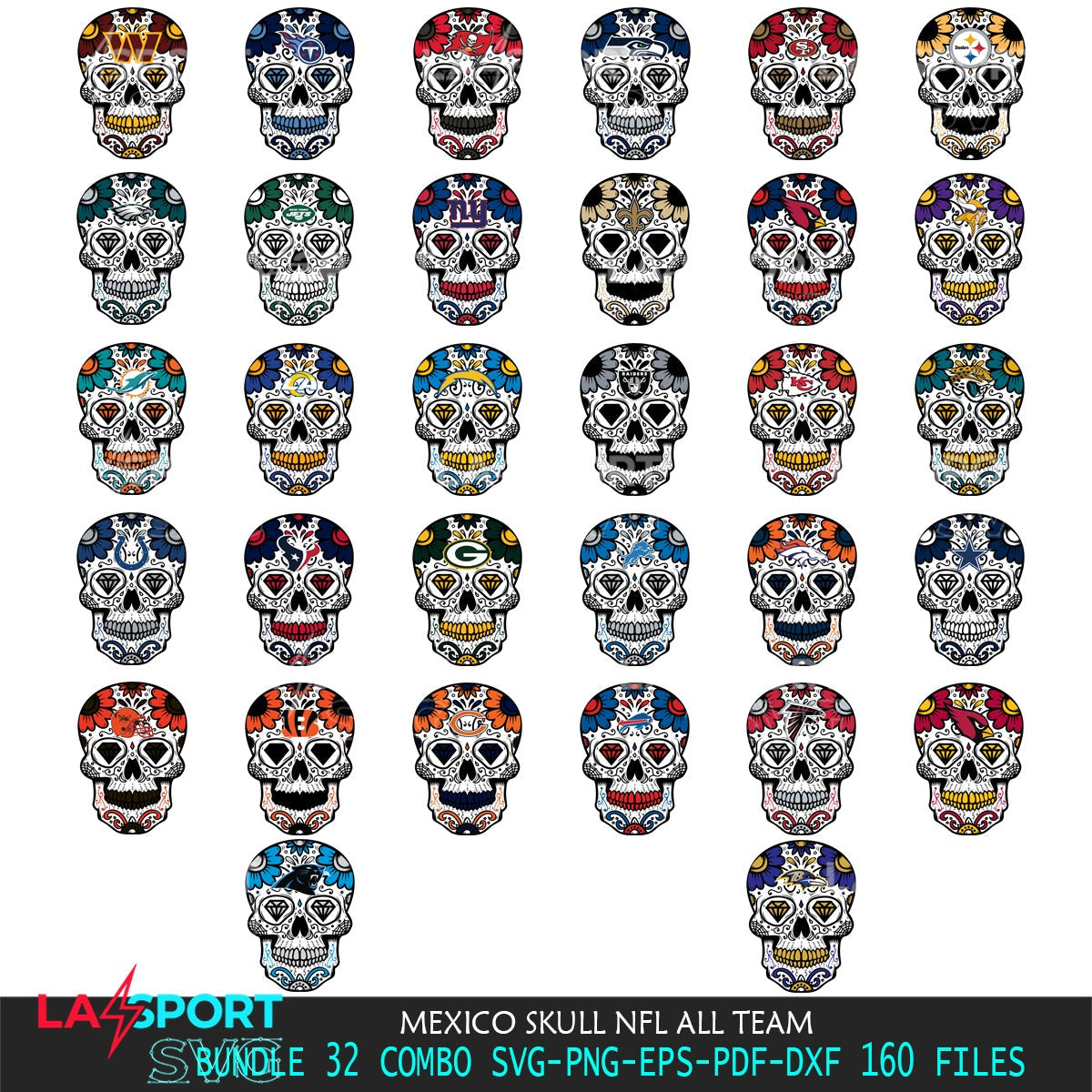 Unique artwork depicting a Mexico Skull NFL ALL TEAM SVG cut file for personalized gifts and laser projects