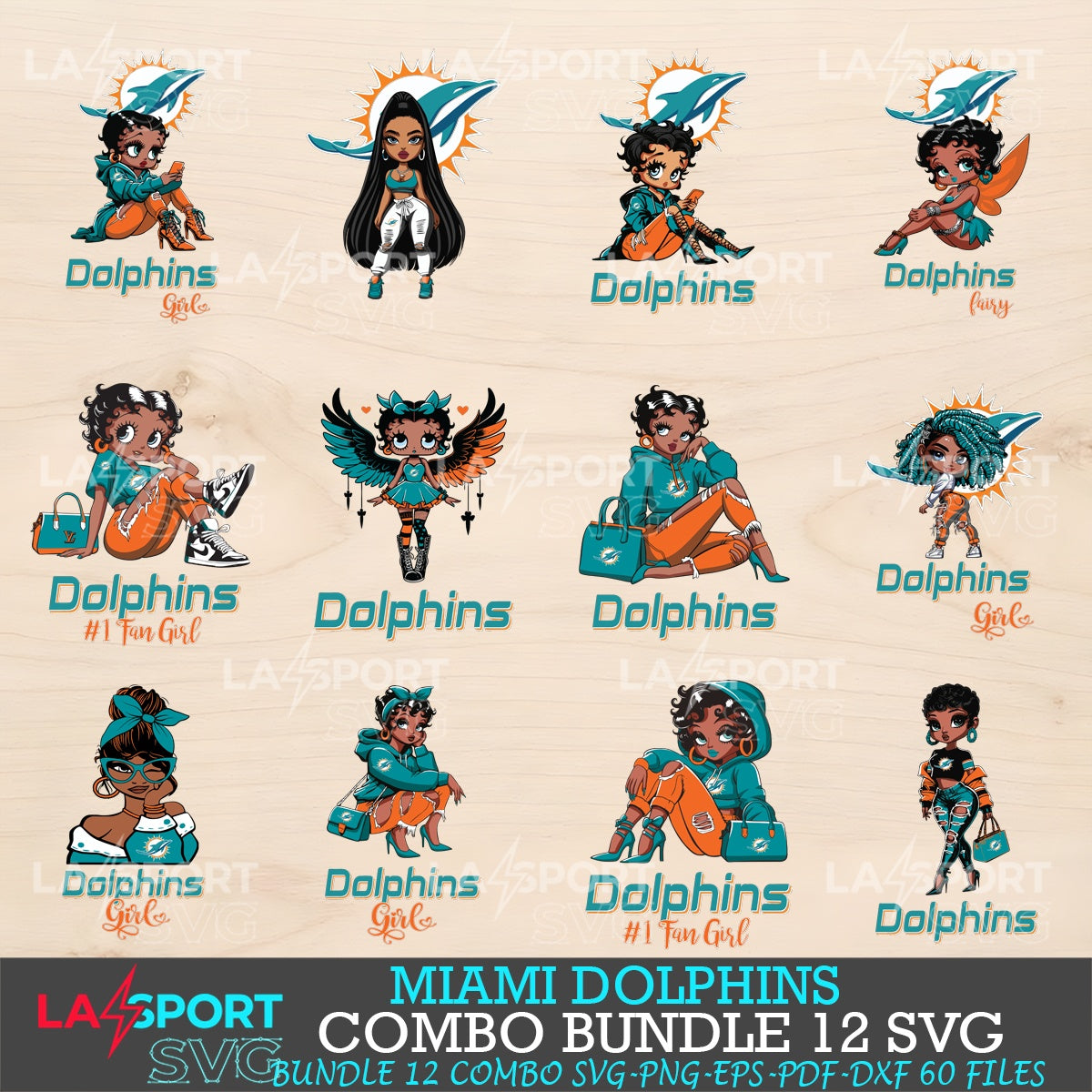 Miami Dolphins Bundle Beautiful Black Girl NFL Fans SVG For Cricut, silhouette, Laser Cut