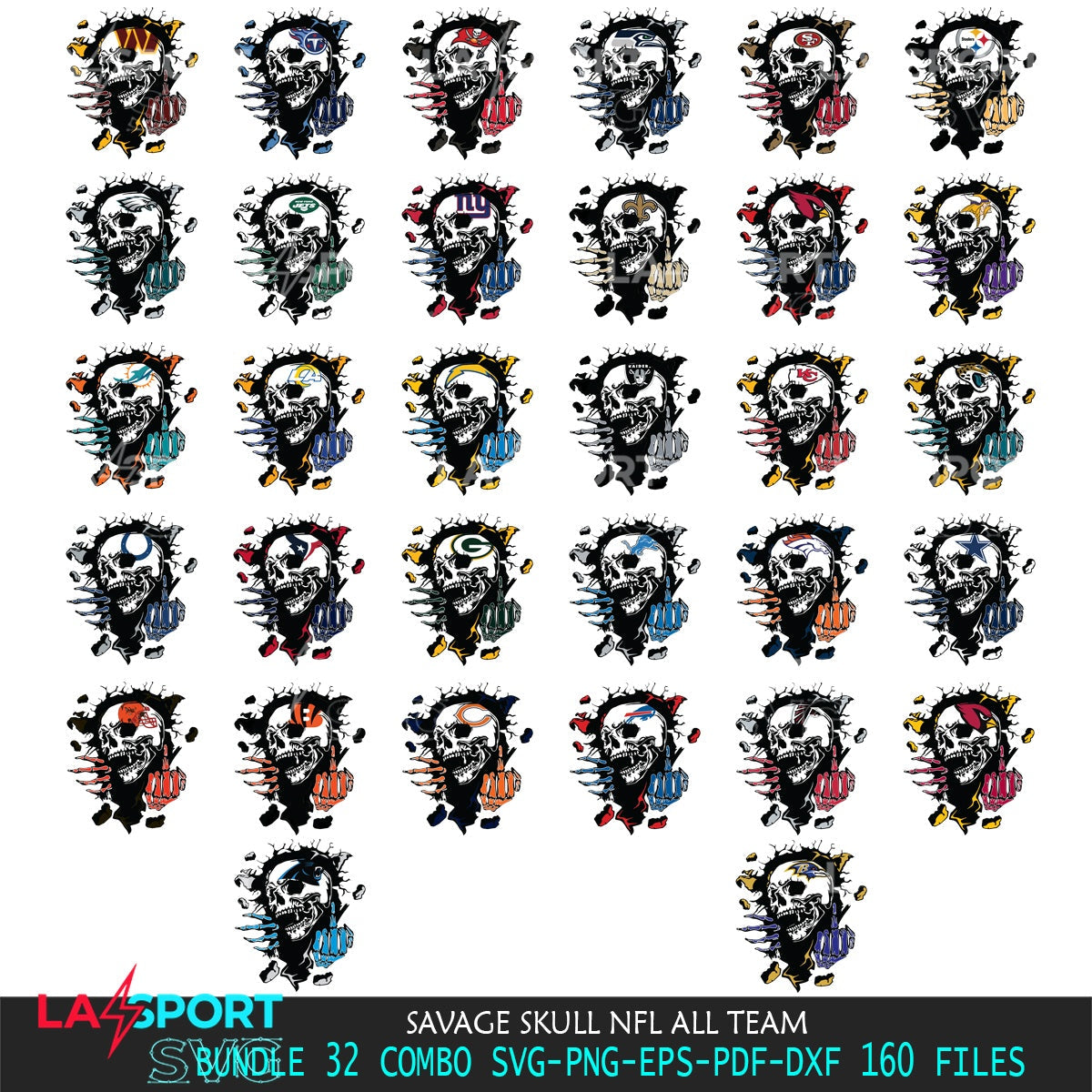 Eye-catching graphic of a savage skull NFL all team design, PNG clipart for sublimation printing and graphic design